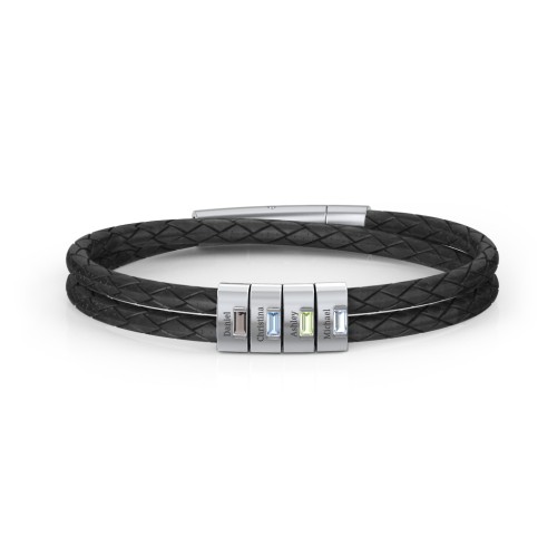 Men’s Leather Sterling Silver 4 Vertical Bar Bracelet with Gemstones – Sterling Silver with Smokey Quartz, Blue Topaz, Peridot, and Aquamarine