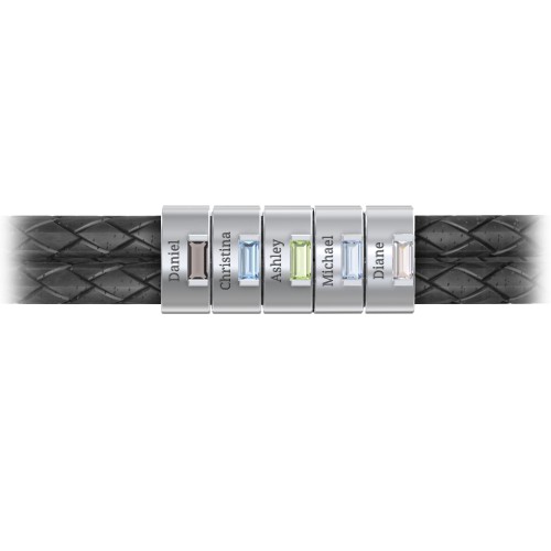 Men’s Leather Sterling Silver 5 Vertical Bar Bracelet with Gemstones – Sterling Silver with Smokey Quartz, Blue Topaz, Peridot, Aquamarine, and Cubic Zirconia