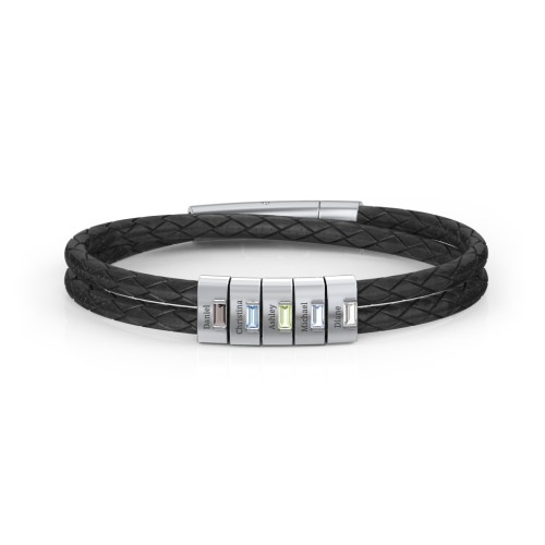 Men’s Leather Sterling Silver 5 Vertical Bar Bracelet with Gemstones – Sterling Silver with Smokey Quartz, Blue Topaz, Peridot, Aquamarine, and Cubic Zirconia