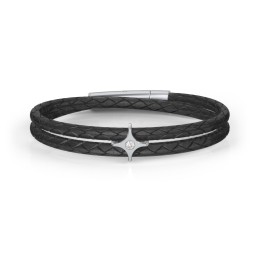 Men’s Leather Sterling Silver North Star Bracelet in 925 Sterling Silver with Cubic Zirconia