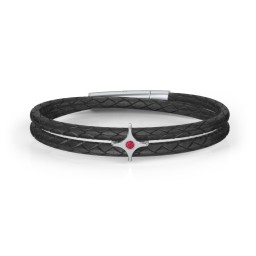 Men’s Leather Sterling Silver North Star Bracelet in 925 Sterling Silver with Ruby