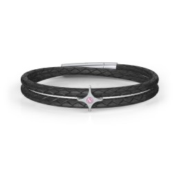 Men’s Leather Sterling Silver North Star Bracelet in 925 Sterling Silver with Pink Tourmaline