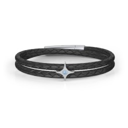 Men’s Leather Sterling Silver North Star Bracelet in 925 Sterling Silver with Blue Topaz