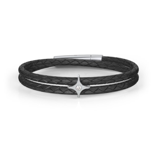 Men’s Leather Sterling Silver North Star Bracelet – Sterling Silver with Cubic Zirconia