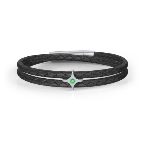 Men’s Leather Sterling Silver North Star Bracelet – Sterling Silver with Emerald