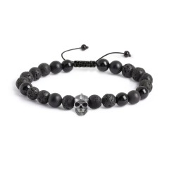 Men’s Skull S-Knot Bead Bracelet with Mohawk Baguette Gemstone – Sterling Silver with Diamond and