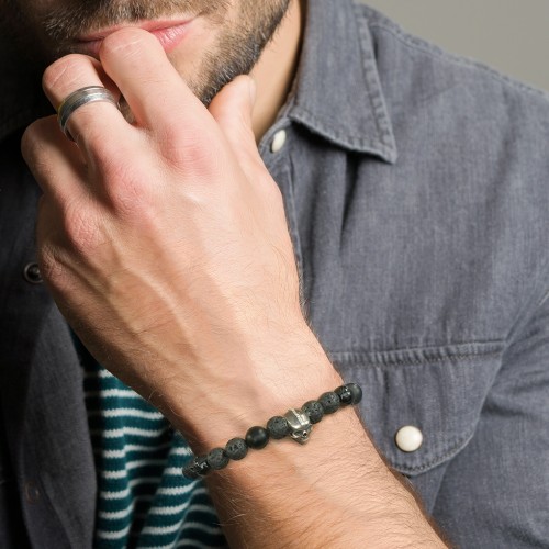 Men’s Skull S-Knot Bead Bracelet with Mohawk Baguette Gemstone – Sterling Silver with Diamond and
