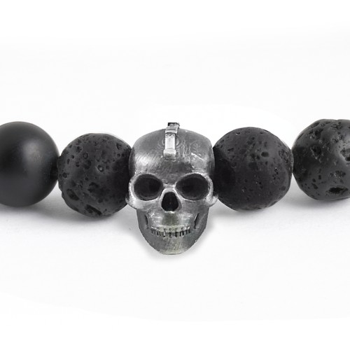 Men’s Skull S-Knot Bead Bracelet with Mohawk Baguette Gemstone – Sterling Silver with Diamond and