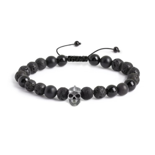 Men’s Skull S-Knot Bead Bracelet with Mohawk Baguette Gemstone – Sterling Silver with Diamond and