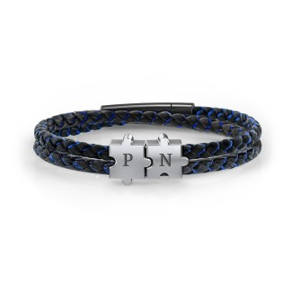 Men’s Engravable Black Leather & Blue Silk Initial Bracelet with Puzzle Pieces