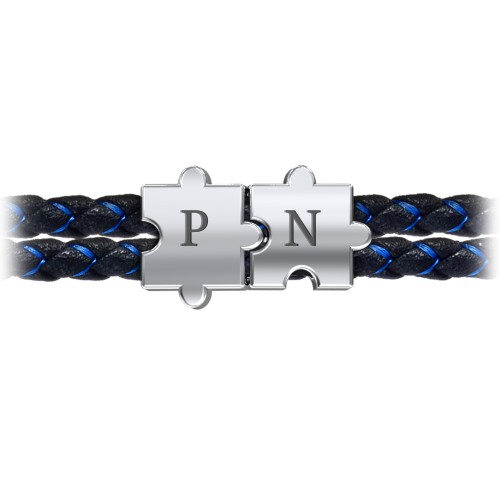 Men’s Engravable Black Leather & Blue Silk Initial Bracelet with Puzzle Pieces – Sterling Silver