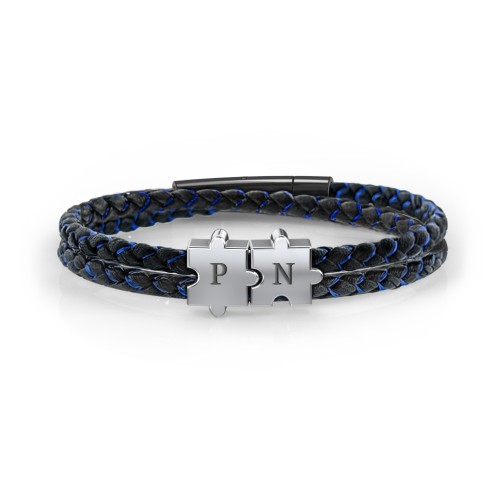 Men’s Engravable Black Leather & Blue Silk Initial Bracelet with Puzzle Pieces – Sterling Silver