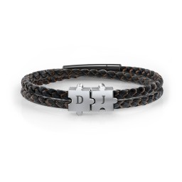 Men’s Engravable Black Leather & Brown Silk Initial Bracelet with Puzzle Pieces