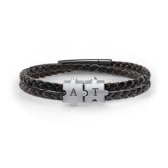 Men’s Engravable Black Leather & Brown Silk Initial Bracelet with Puzzle Pieces – Sterling Silver