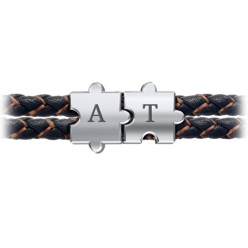 Men’s Engravable Black Leather & Brown Silk Initial Bracelet with Puzzle Pieces – Sterling Silver