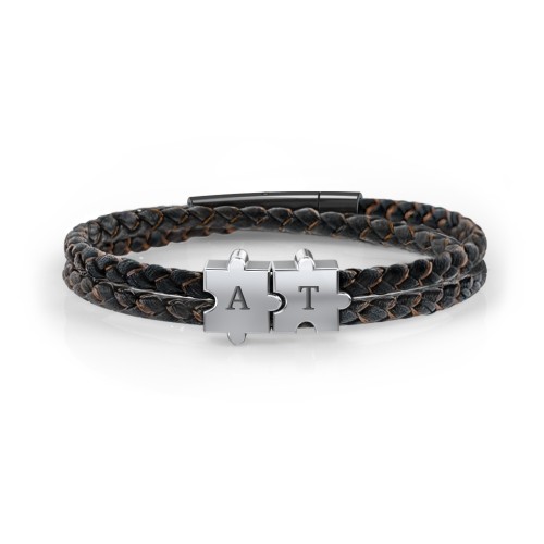 Men’s Engravable Black Leather & Brown Silk Initial Bracelet with Puzzle Pieces – Sterling Silver