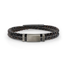 Men’s Engravable Black Leather & Brown Silk Bracelet with Brush Finish Plate