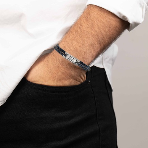 Men’s Engravable Black Leather & Blue Silk Bracelet with Polished Plate – Sterling Silver