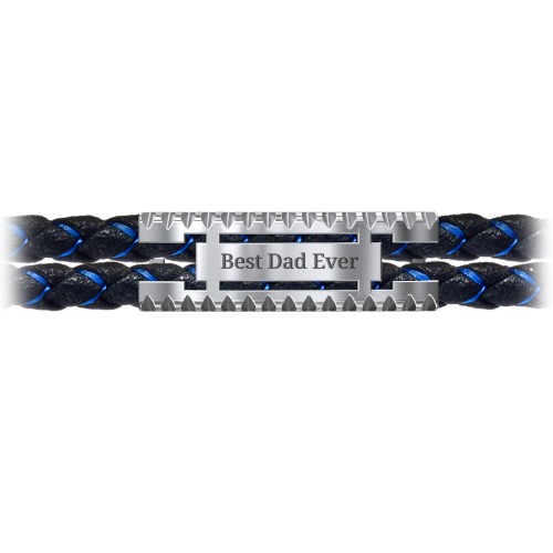 Men’s Engravable Black Leather & Blue Silk Bracelet with Polished Plate – Sterling Silver