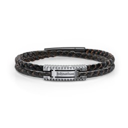 Men’s Engravable Black Leather & Brown Silk Bracelet with Polished Plate in 925 Sterling Silver