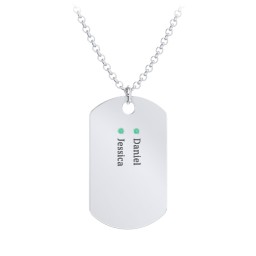 Men's Engravable Dog Tag Necklace with 2 Birthstones in 925 Sterling Silver with Emerald
