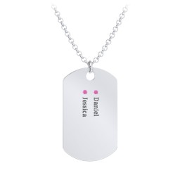 Men's Engravable Dog Tag Necklace with 2 Birthstones in 925 Sterling Silver with Ruby