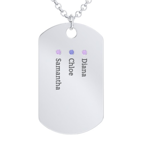 Men's Engravable Dog Tag Necklace with 3 Birthstones – Sterling Silver with Amethyst and Blue Sapphire