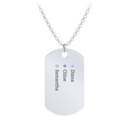 Men's Engravable Dog Tag Necklace with 3 Birthstones – Sterling Silver with Amethyst and Blue Sapphire