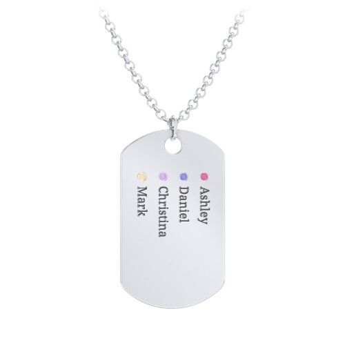 Men's Engravable Dog Tag Necklace with 4 Birthstones – Sterling Silver with Ruby, Blue Sapphire, Amethyst, and Citrine