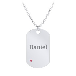Men's Engravable Dog Tag Necklace With Accent in 925 Sterling Silver with Garnet
