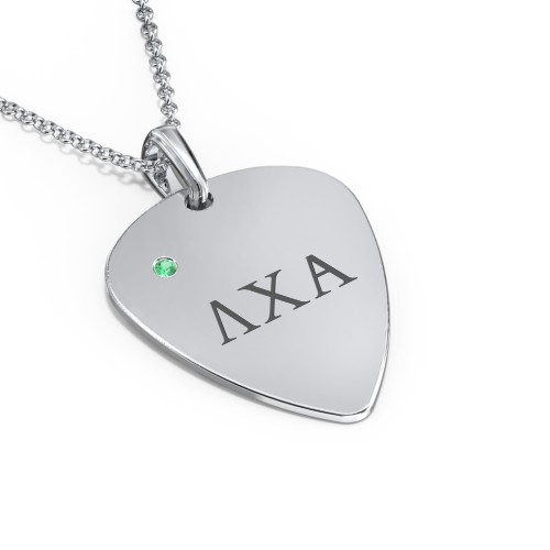 Men's Engravable Guitar Pick Fraternity Necklace with Gemstone – Sterling Silver with Emerald