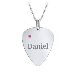 Men's Engravable Guitar Pick Necklace with Gemstone in 925 Sterling Silver with Ruby