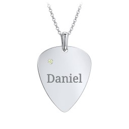 Men's Engravable Guitar Pick Necklace with Gemstone in 925 Sterling Silver with Peridot