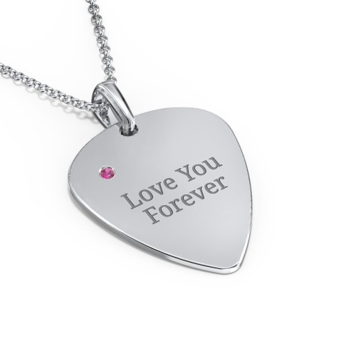 Men's Engravable Guitar Pick Necklace with Gemstone – Sterling Silver with Ruby