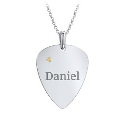 Men's Engravable Guitar Pick Necklace with Gemstone in 925 Sterling Silver with Citrine