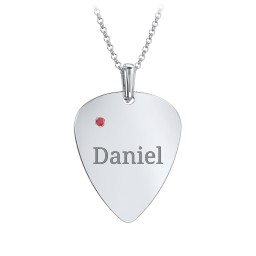 Men's Engravable Guitar Pick Necklace with Gemstone in 925 Sterling Silver with Garnet