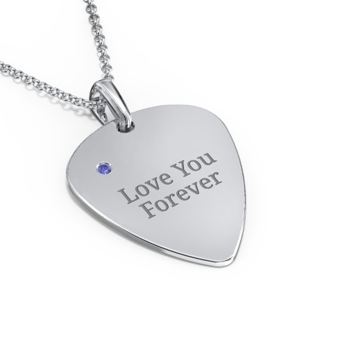 Men's Engravable Guitar Pick Necklace with Gemstone – Sterling Silver with Blue Sapphire