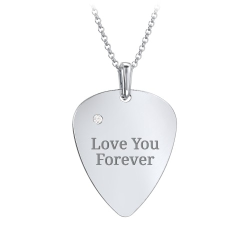 Men's Engravable Guitar Pick Necklace with Gemstone – Sterling Silver with Diamond