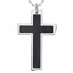 Engravable Stainless Steel Cross Necklace With Black Inlay in Stainless Steel