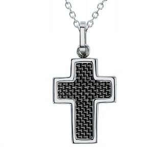 Engravable Stainless Steel Cross Necklace With Textured Carbon Fibre Inlay