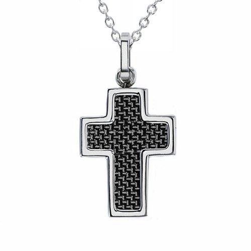 Engravable Stainless Steel Cross Necklace With Textured Carbon Fibre Inlay – Stainless Steel