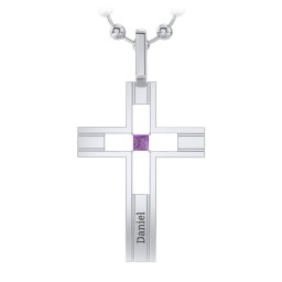 Men’s Engravable Cut-out Silver Cross Pendant in 925 Sterling Silver with Amethyst