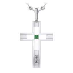 Men’s Engravable Cut-out Silver Cross Pendant in 925 Sterling Silver with Emerald