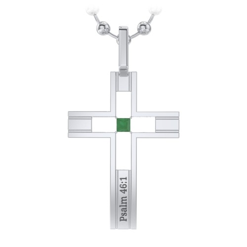 Men’s Engravable Cut-out Silver Cross Pendant – Sterling Silver with Emerald