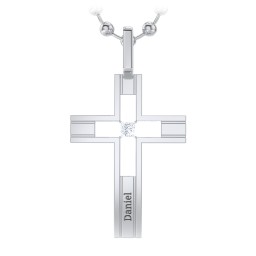 Men’s Engravable Cut-out Silver Cross Pendant in 925 Sterling Silver with Diamond
