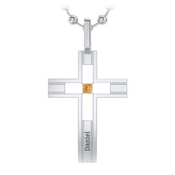Men’s Engravable Cut-out Silver Cross Pendant in 925 Sterling Silver with Citrine