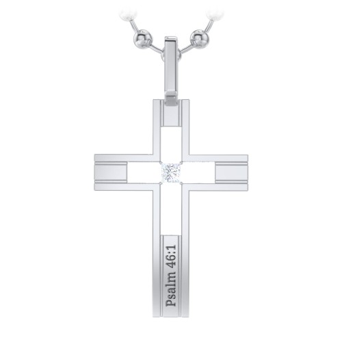 Men’s Engravable Cut-out Silver Cross Pendant – Sterling Silver with Diamond