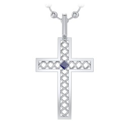 Men’s Silver Geometric Cross Pendant with Birthstone in 925 Sterling Silver with Blue Sapphire