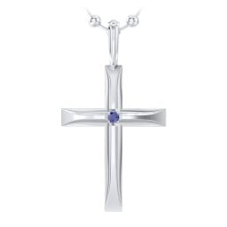 Men’s Beveled Silver Cross Pendant with Birthstone