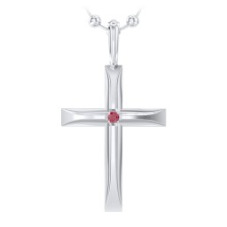 Men’s Beveled Silver Cross Pendant with Birthstone